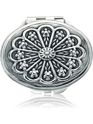 Katre46 925 Ayar Gümüş Papatya Motifli Kapaklı Oval El Aynası
