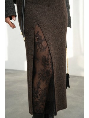 Saphyr Premıum Dantel Yırtmaç Detaylı Çelik Örgü Triko Etek