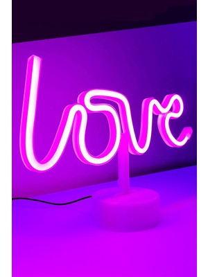 Gampus Love Yazılı Neon LED Pembe Başucu Masa Lambası Hediyelik LED Zarif Şık Gece Lamba