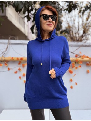 Denizege Butik Davella Kapüşonlu Triko Saks Mavi