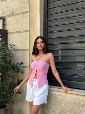 Hazelin Kadın Pembe Boyundan Bağlamalı Staplez Bluz HZL25S-ZK13581