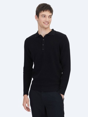 Kip Siyah Polo Yaka Düz Örgü Pamuk Karışımlı Triko Kazak
