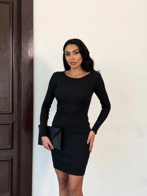 Hazelin Kadın Siyah Uzun Kollu Ip Bağlamalı Sırt Dekolteli Kaşkorse Mini Elbise HZL25W-FRY120411