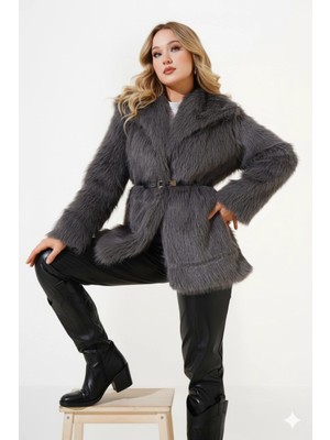 Hazelin Kadın Gri Kemer Detaylı Astarlı Peluş Kürk Mont HZL25W-BD191561