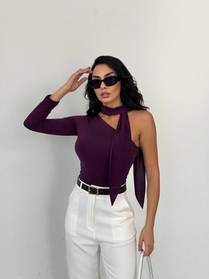 Hazelin Kadın Mor Fularlı Sandy Kumaş Asimetrik Kesim Bluz HZL25S-FRY123371