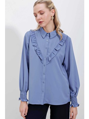 Hazelin Kadın Mavi Fırfır Detaylı Uzun Kollu Şık Gömlek HZL25W-BD1202231