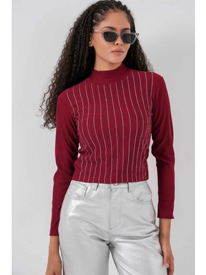 Hazelin Kadın Bordo Yarım Balıkçı Önü Taşlı Body HZL25W-BD19221