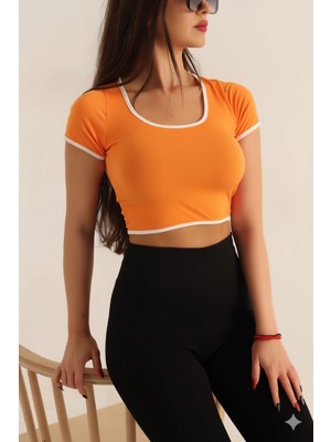 Hazelin Kadın Turuncu Beyaz Biyeli Kısa Kol Likralı Sendycrop Bluz HZL24S-SND190901