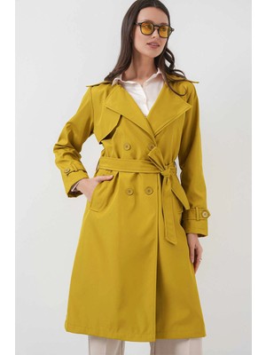 Hazelin Kadın Hardal Kruvaze Yaka Kuşaklı Astarlı Trençkot HZL25W-BD159181