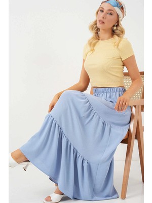 Hazelin Kadın Buz Mavi Beli Lastikli Ayrobin Uzun Etek HZL25S-BD180481