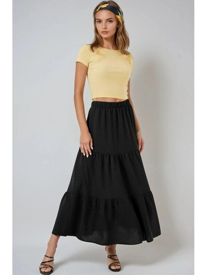 Hazelin Kadın Siyah Beli Lastikli Ayrobin Uzun Etek HZL25S-BD180481