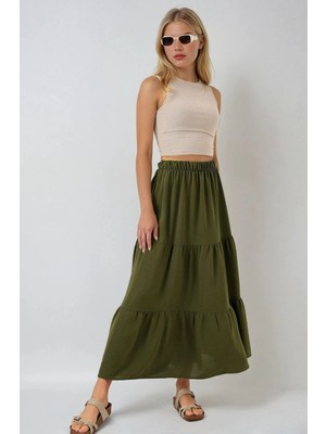 Hazelin Kadın Haki Beli Lastikli Ayrobin Uzun Etek HZL25S-BD180481