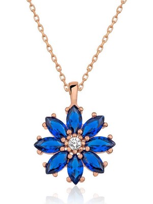 Katre46 925 Ayar Gümüş Lacivert Çiçek Kadın Gümüş Kolye