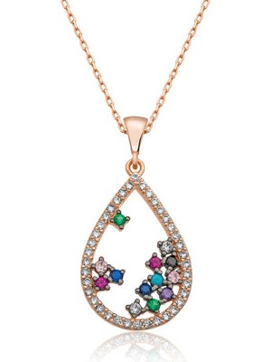 Katre46 925 Ayar Gümüş Rose Renkli Taşlı Damla Kolye