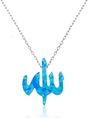 Katre46 925 Ayar Gümüş Mavi Opal Taşlı Allah Yazılı Kadın Gümüş Kolye