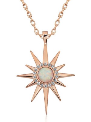 Katre46 925 Ayar ​gümüş Rose Beyaz Opal Taşlı Kutup Yıldızı Kolye