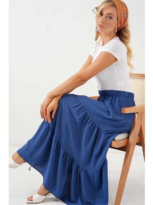 Hazelin Kadın Indigo Mavi Beli Lastikli Ayrobin Uzun Etek HZL25S-BD180481