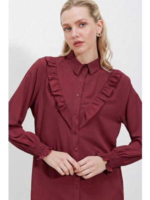 Hazelin Kadın Bordo Fırfır Detaylı Uzun Kollu Şık Gömlek HZL25W-BD1202231