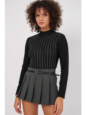 Hazelin Kadın Siyah Yarım Balıkçı Önü Taşlı Body HZL25W-BD19221