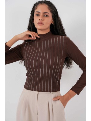 Hazelin Kadın Kahverengi Yarım Balıkçı Önü Taşlı Body HZL25W-BD19221