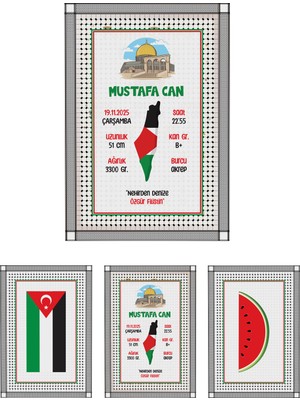 Mutluluk Atölyem A4 - 21X30 cm 3 Adet Filistin, Kudüs, Gazze Temalı Doğum Panosu Poster Bebek Odası Duvar Dekorasyon Çerçevesiz
