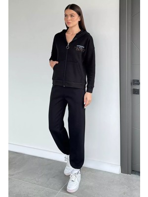 Gülseli Kadın Kapüşonlu Baskılı Ön Fermuarlı Şardonlu Bel Lastikli Eşofman Takımı P-00020312