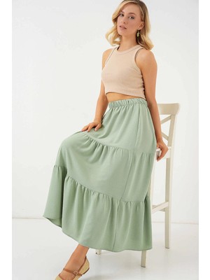 Hazelin Kadın Çağla Yeşil Beli Lastikli Ayrobin Uzun Etek HZL25S-BD180481
