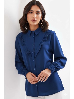 Hazelin Kadın Lacivert Fırfır Detaylı Uzun Kollu Şık Gömlek HZL25W-BD1202231