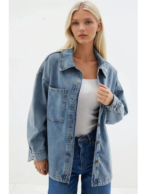 Hazelin Kadın Mavi Çift Cepli Önden Düğmeli Jean Ceket HZL25S-BD106941
