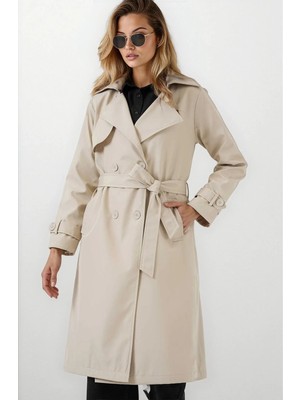 Hazelin Kadın Bej Kruvaze Yaka Kuşaklı Astarlı Trençkot HZL25W-BD159181