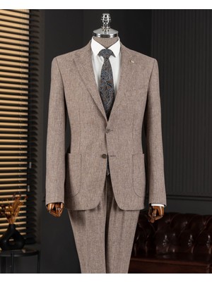Italyan Stil Slim Fit Mono Yaka Ceket Pantolon Takım Elbise Kahverengi T14366