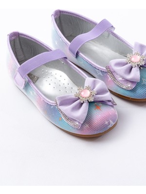 Kız Çocuk Renkli Kar Taneli Taşlı Kaydırmaz Taban Babet