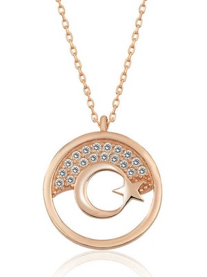 Katre46 925 Ayar Gümüş Rose Ay Yıldız Kadın Gümüş Kolye