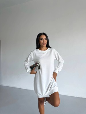 Hazelin Kadın Beyaz Bisiklet Yaka 2 Iplik Günlük Rahat Elbise HZL25W-FRY123451