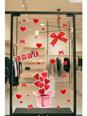 New Jargon Aşk Temalı Kalp & Kurdele Tasarım Sticker Seti - 14 Şubat Aşk Kutusu Cam Vitrin Mağaza Süsleme