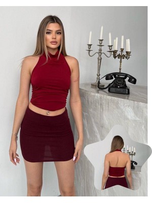 Hazelin Kadın Bordo Halter Yaka Sırtı Açık Sandy Bluz HZL25S-FRY123141