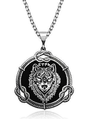 Katre46 925 Ayar Gümüş Kurt Motifli Göktürkçe Türk Yazılı Gümüş Kolye