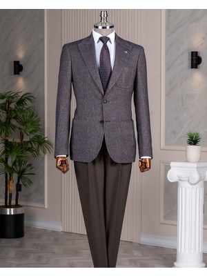Terzi Adem Altun İtalyan stil slim fit yün karışımlı ceket pantolon kombin takım elbise kahverengi T14680