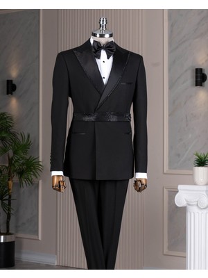 Italyan Stil Slim Fit Sivri Yaka Taşlı Ceket Pantolon Damatlık Set Siyah T20001-01