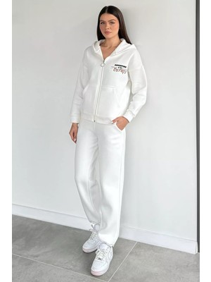 Gülseli Kadın Kapüşonlu Baskılı Ön Fermuarlı Şardonlu Bel Lastikli Eşofman Takımı P-00020312