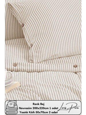 Ipliği Boyalı Pamuklu Çift Kişilik Çizgili Düğmeli Nevresim Seti 200X220 cm King Size