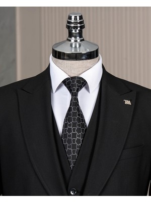Italyan Stil Slim Fit Sivri Yaka Ceket Yelek Pantolon Takım Elbise Siyah T15059