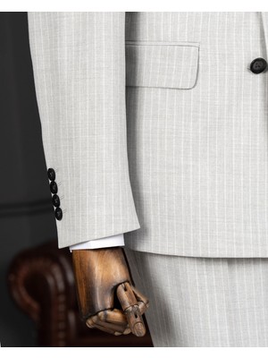 Italyan Stil Slim Fit Kruvaze Çizgili Ceket Pantolon Takım Elbise Gri T14407