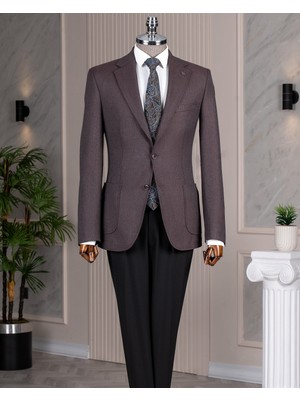 Italyan Stil Slim Fit Erkek Ceket Pantolon Kombin Takım Elbise Bordo T14671