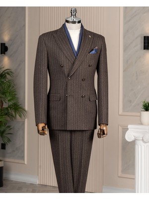 Italyan Stil Slim Fit Kruvaze Ceket Pantolon Takım Elbise Kahverengi T14768