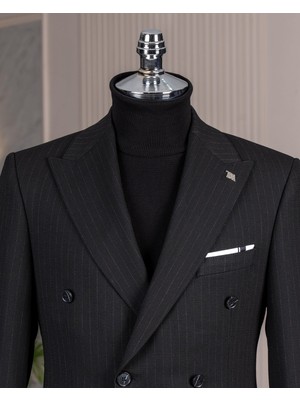 Italyan Stil Slim Fit Kruvaze Ceket Pantolon Takım Elbise Siyah T14907