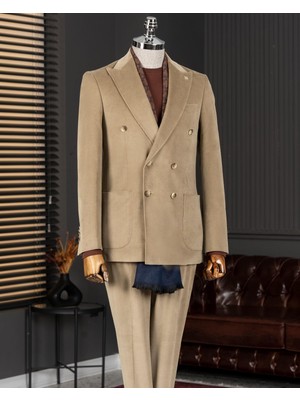 Italyan Stil Slim Fit Kruvaze Kadife Ceket Pantolon Takım Elbise Camel T14975