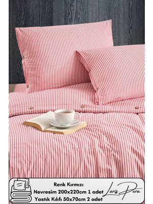 Ipliği Boyalı Pamuklu Çift Kişilik Çizgili Düğmeli Nevresim Seti 200X220 cm King Size
