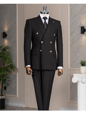 Italyan Stil Slim Fit Kruvaze Ceket Pantolon Takım Elbise Siyah T14981
