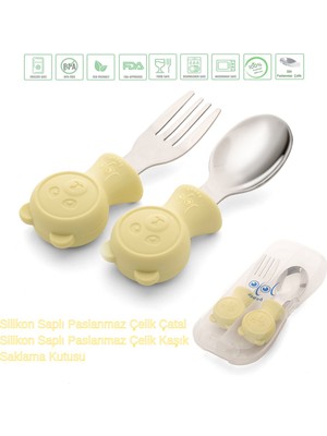 Jojobebek Sarı Renk Ayıcık Figürlü Premium Çocuk BPA Free Silikon Sap Paslanmaz Çelik Uçlu Çatal-Kaşık Set ve Saklama Kutusu 9+ Ay